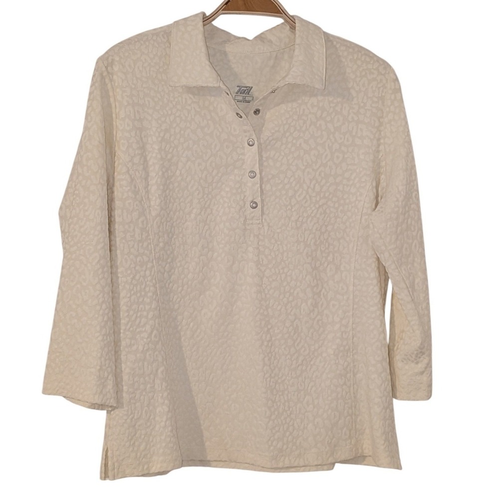 Tail Tech Womens Cream Tonal Leopard Jacquard 3/4 Sleeve Snap Polo Shirt Medium